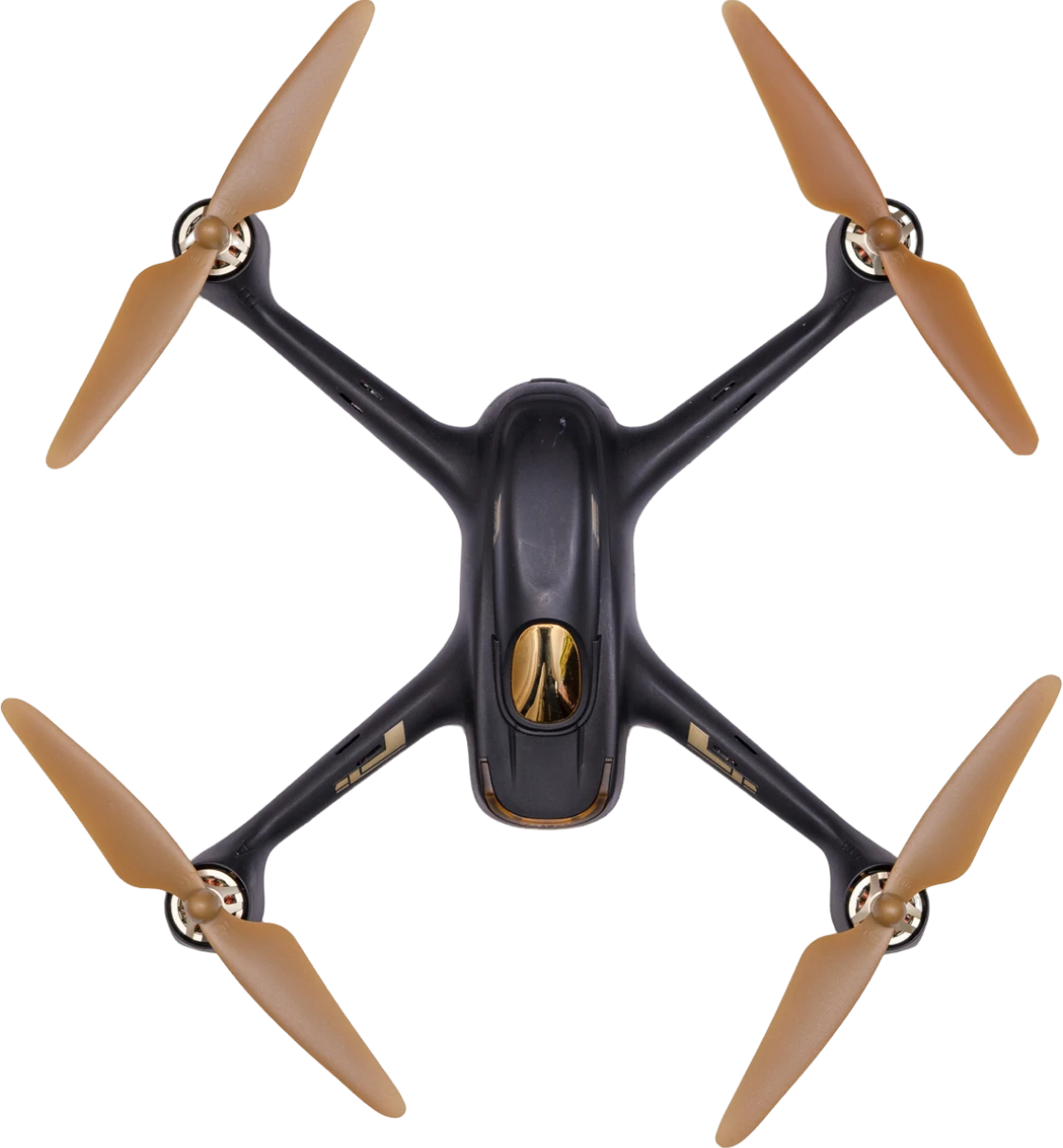 Aerial quadcopter with sleek design and propellers.